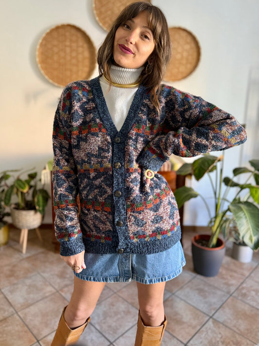 1980's vintage oversize multicolor geometric knit wool cardigan