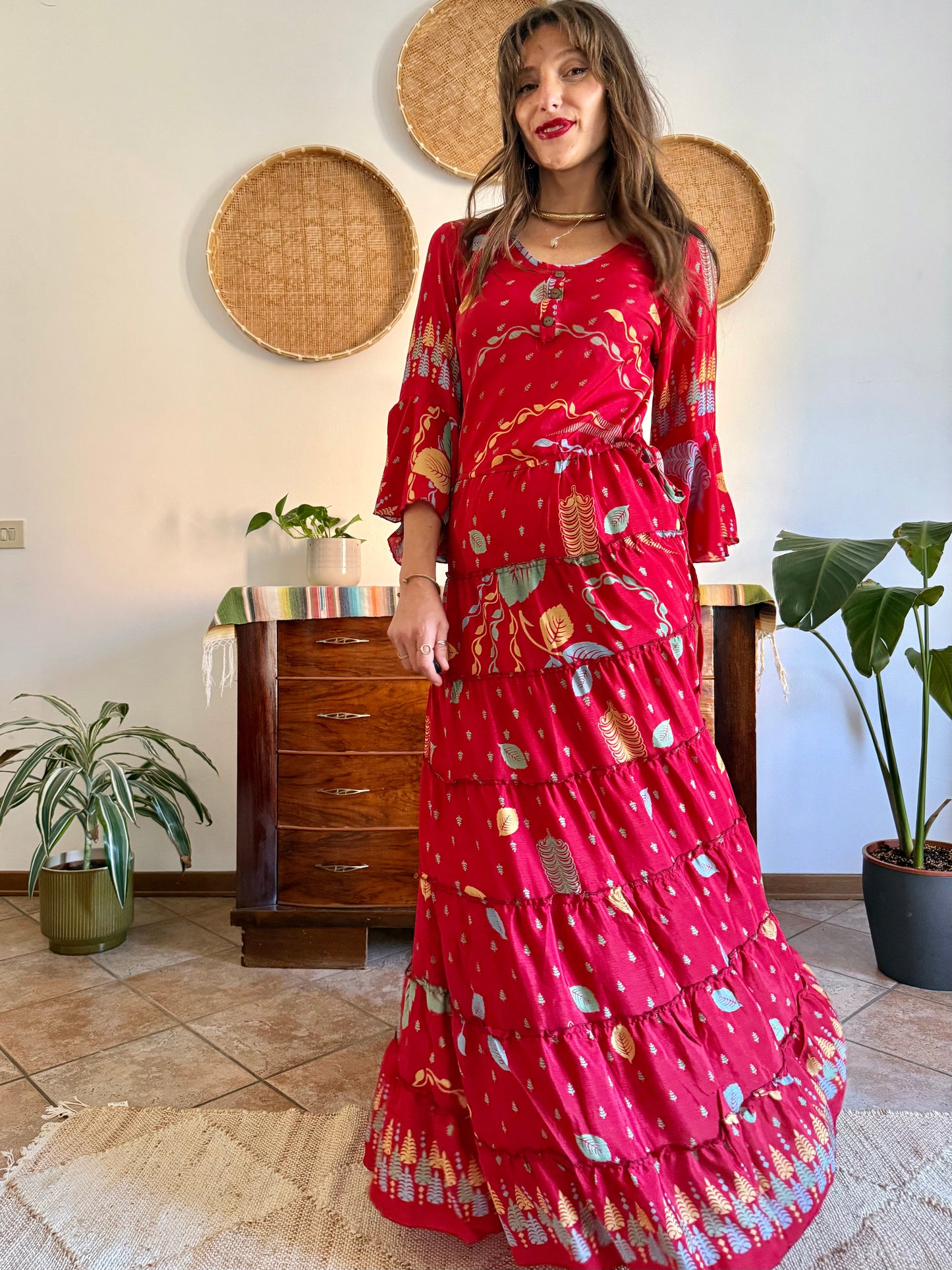 1970's vintage cherry red bell sleeve maxi dress with botanical print