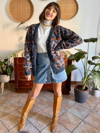 1980's vintage oversize multicolor geometric knit wool cardigan