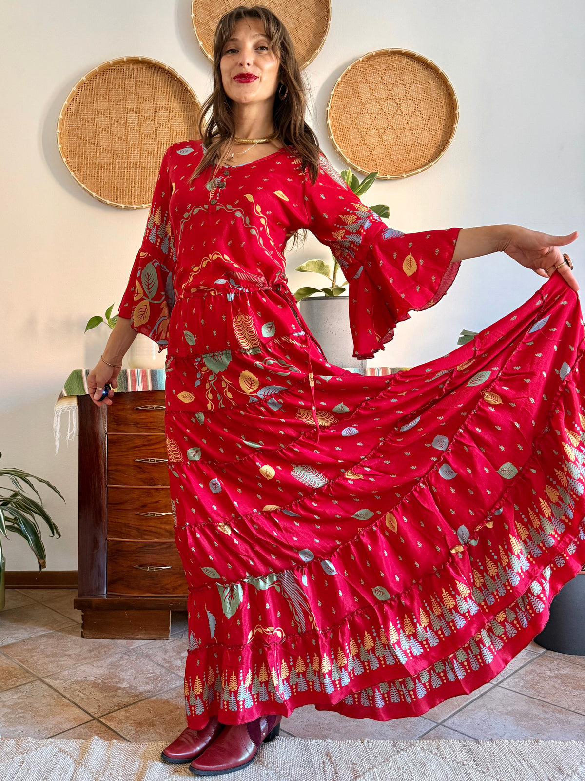 1970's vintage cherry red bell sleeve maxi dress with botanical print