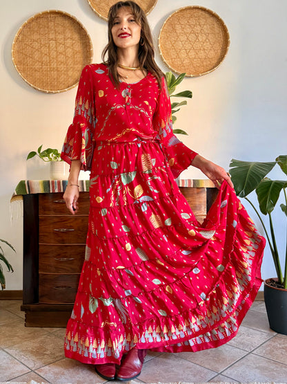 1970's vintage cherry red bell sleeve maxi dress with botanical print