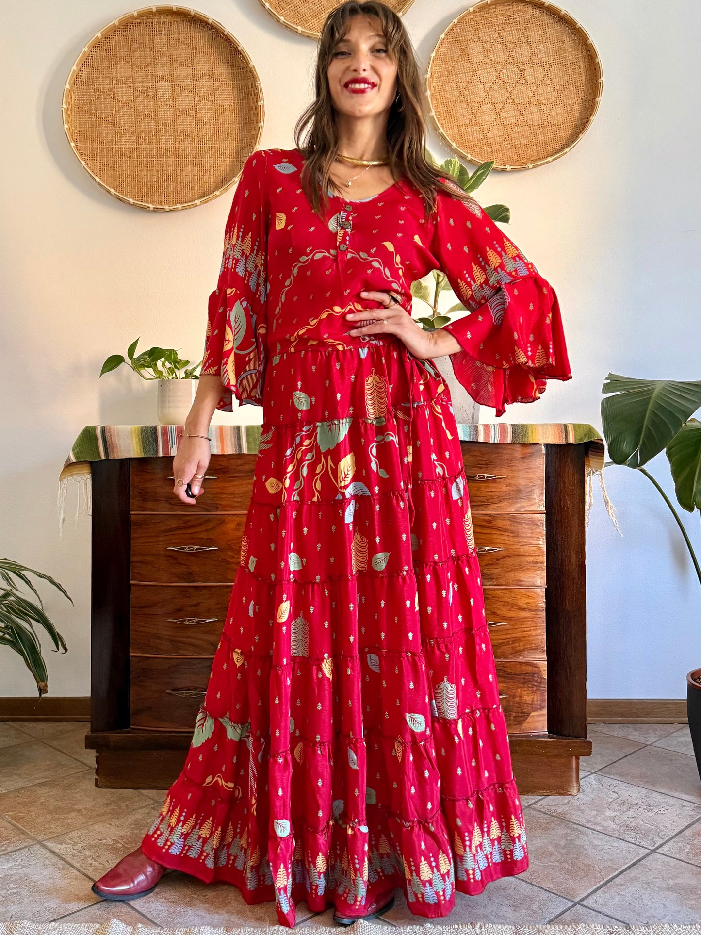 1970's vintage cherry red bell sleeve maxi dress with botanical print