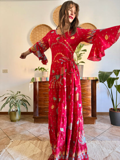 1970's vintage cherry red bell sleeve maxi dress with botanical print