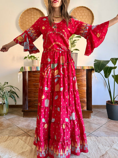 1970's vintage cherry red bell sleeve maxi dress with botanical print