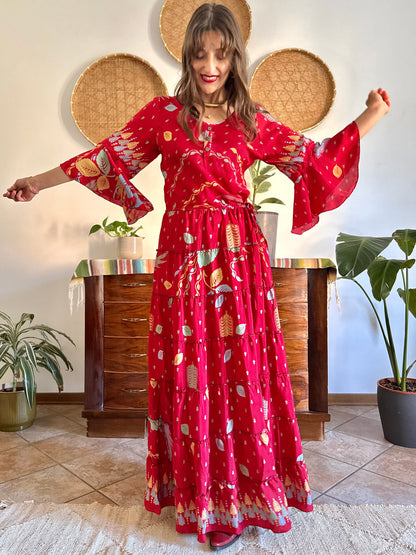 1970's vintage cherry red bell sleeve maxi dress with botanical print