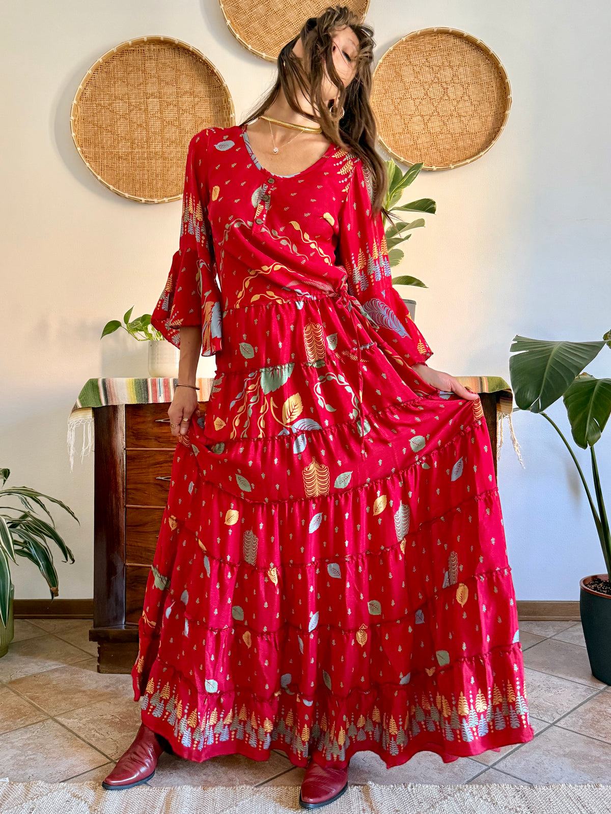 1970's vintage cherry red bell sleeve maxi dress with botanical print