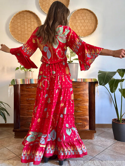 1970's vintage cherry red bell sleeve maxi dress with botanical print