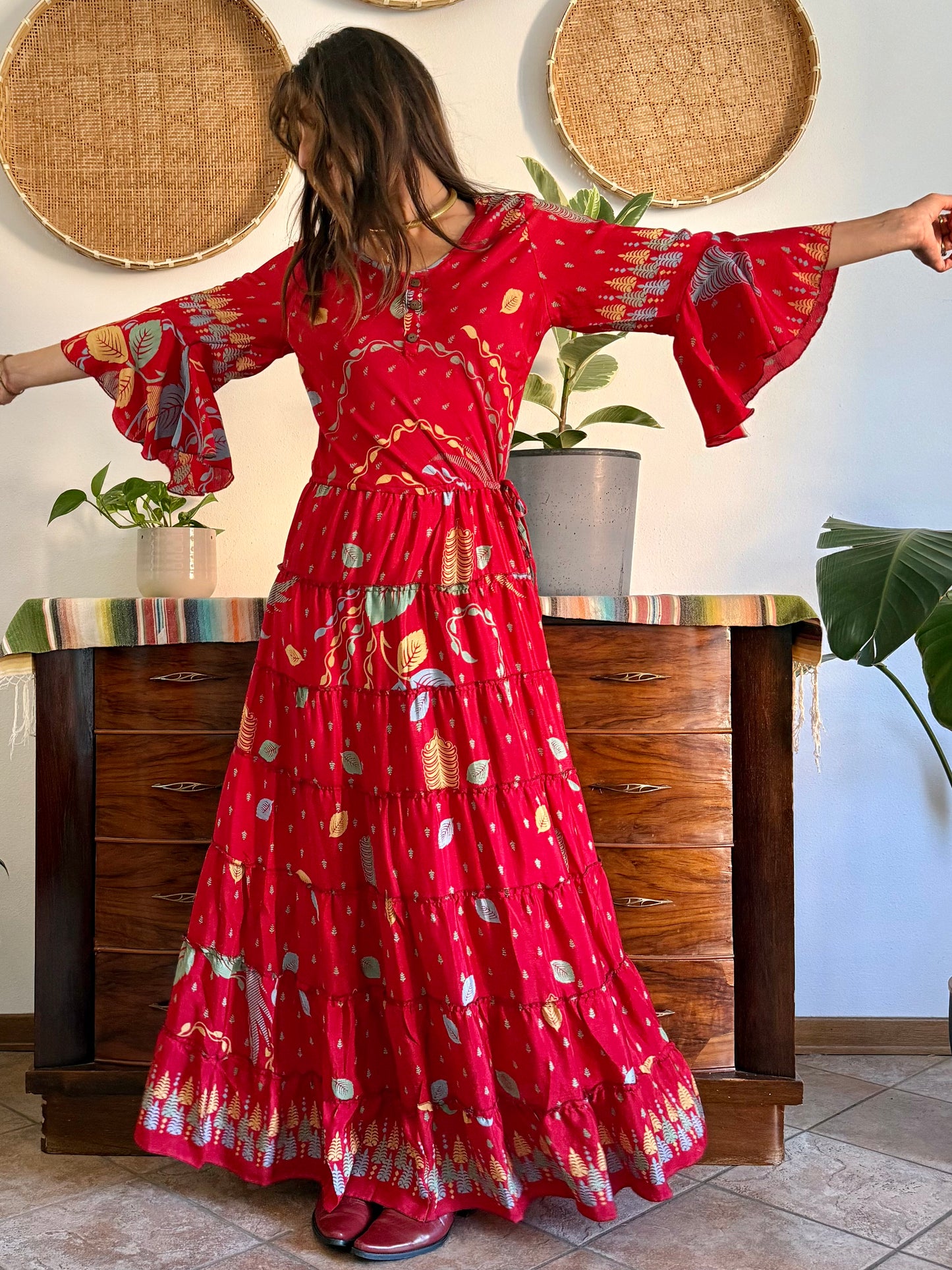 1970's vintage cherry red bell sleeve maxi dress with botanical print