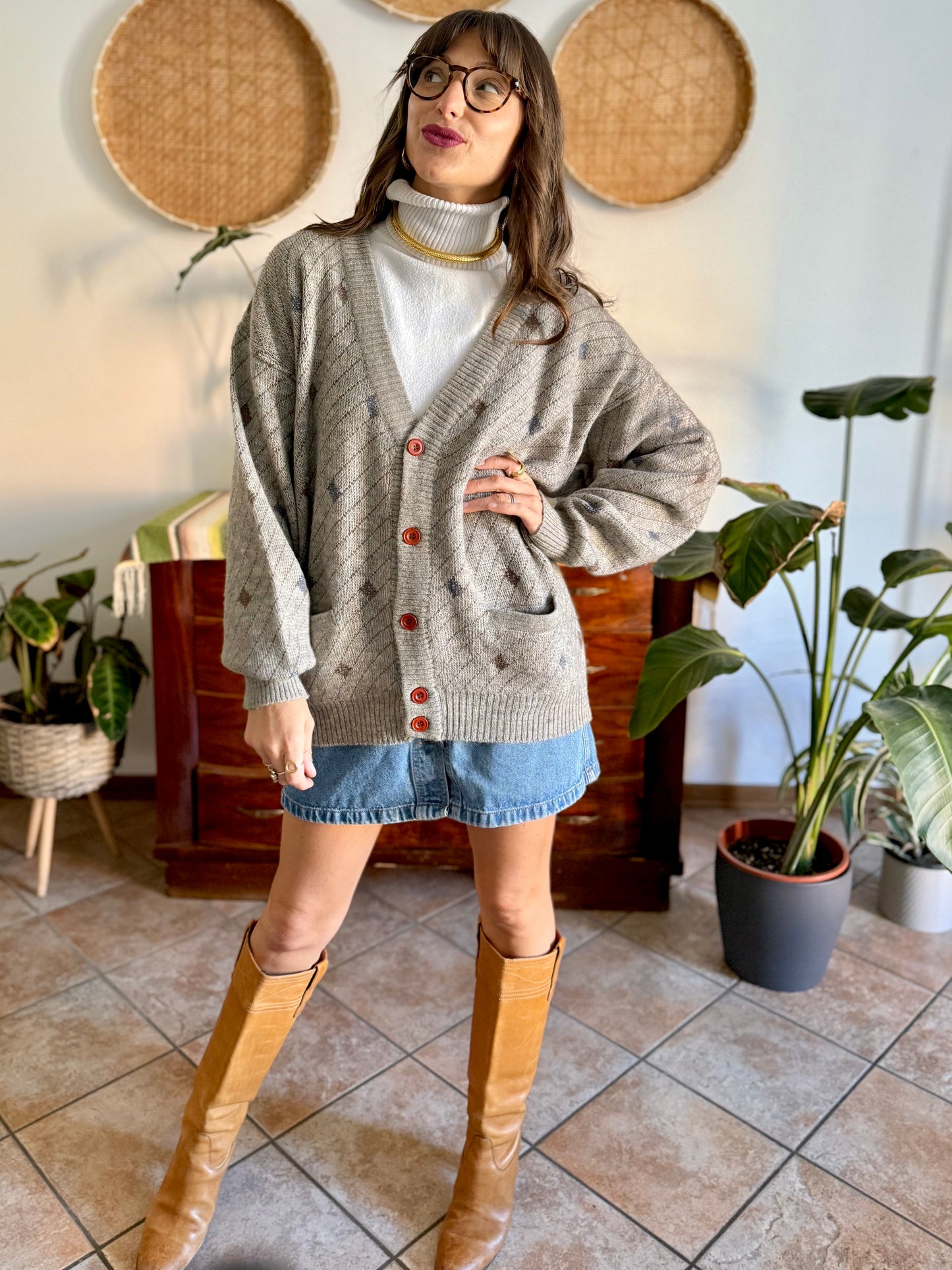 1990's vintage oversize grey, chocolate brown and light blue stripe and geometric wool blend cardigan