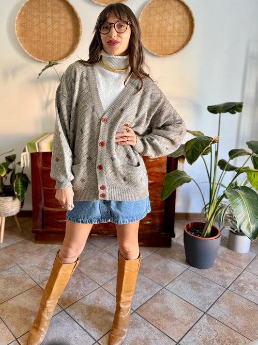 1990's vintage oversize grey, chocolate brown and light blue stripe and geometric wool blend cardigan