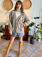 1990's vintage oversize grey, chocolate brown and light blue stripe and geometric wool blend cardigan