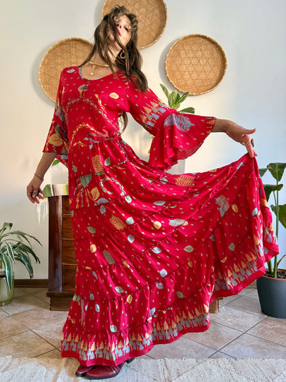 1970's vintage cherry red bell sleeve maxi dress with botanical print