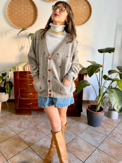 1990's vintage oversize grey, chocolate brown and light blue stripe and geometric wool blend cardigan