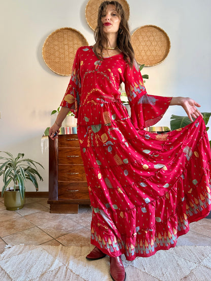 1970's vintage cherry red bell sleeve maxi dress with botanical print