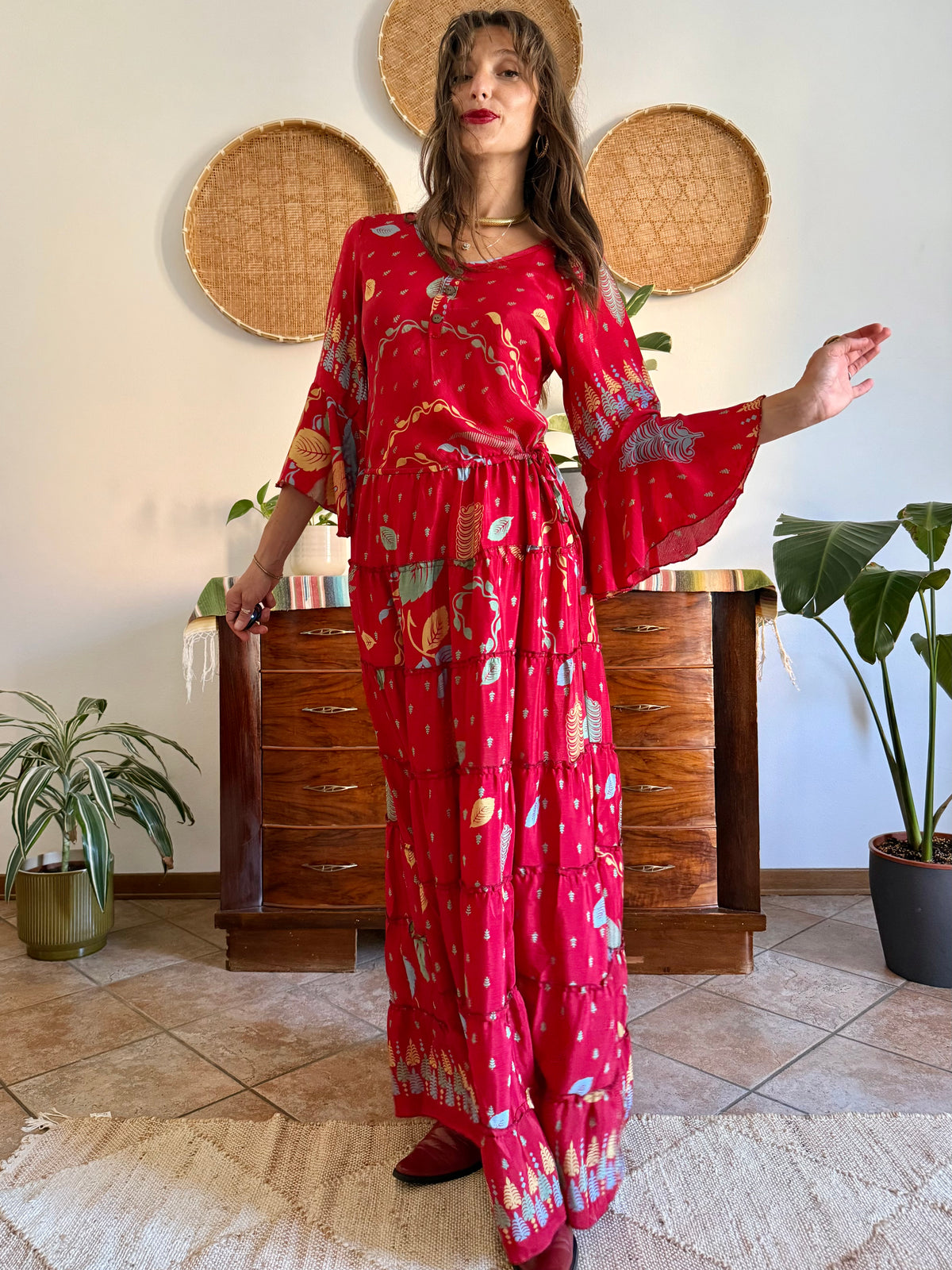 1970's vintage cherry red bell sleeve maxi dress with botanical print