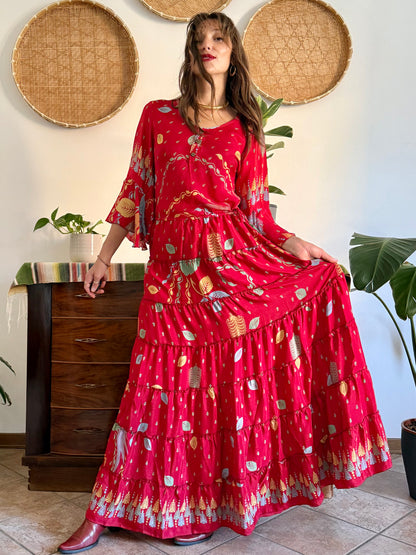 1970's vintage cherry red bell sleeve maxi dress with botanical print
