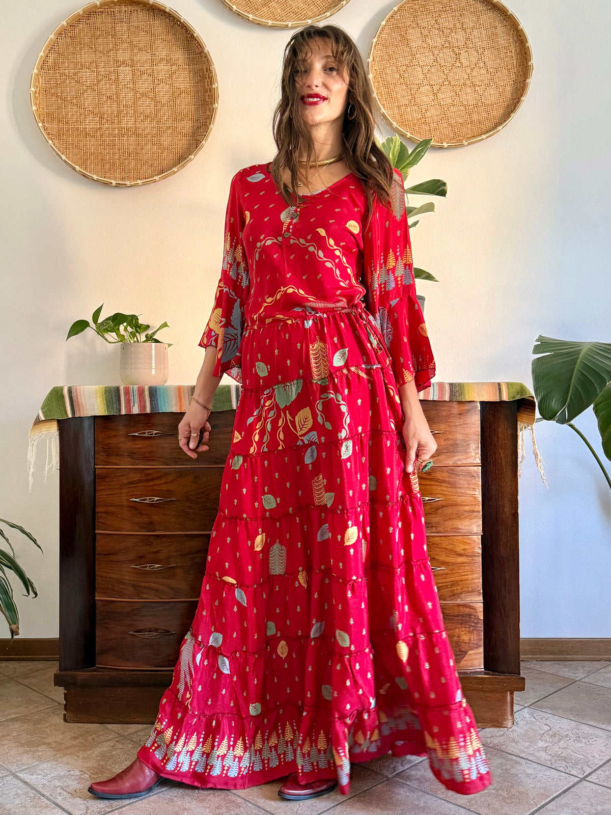 1970's vintage cherry red bell sleeve maxi dress with botanical print