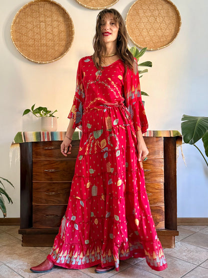 1970's vintage cherry red bell sleeve maxi dress with botanical print