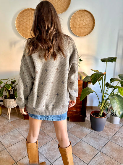 1990's vintage oversize grey, chocolate brown and light blue stripe and geometric wool blend cardigan