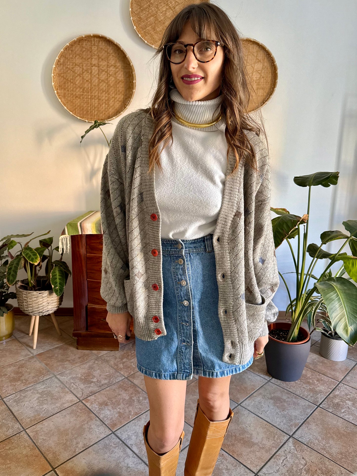 1990's vintage oversize grey, chocolate brown and light blue stripe and geometric wool blend cardigan