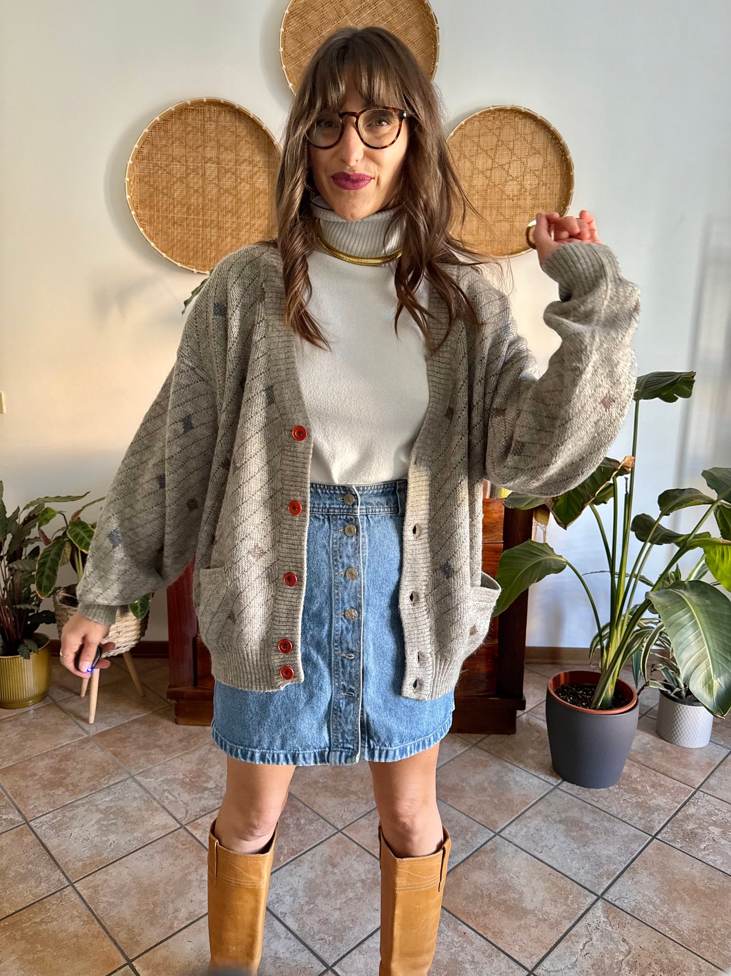 1990's vintage oversize grey, chocolate brown and light blue stripe and geometric wool blend cardigan