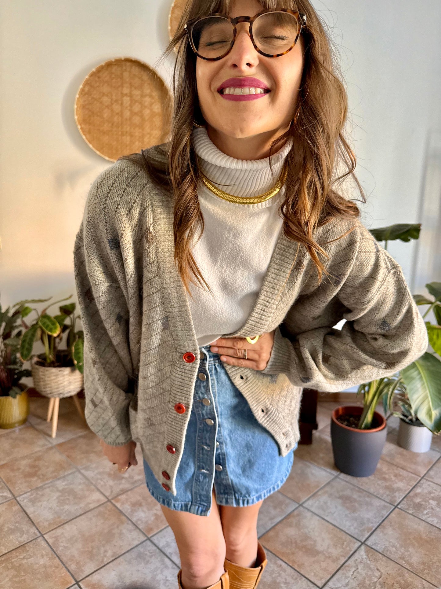 1990's vintage oversize grey, chocolate brown and light blue stripe and geometric wool blend cardigan