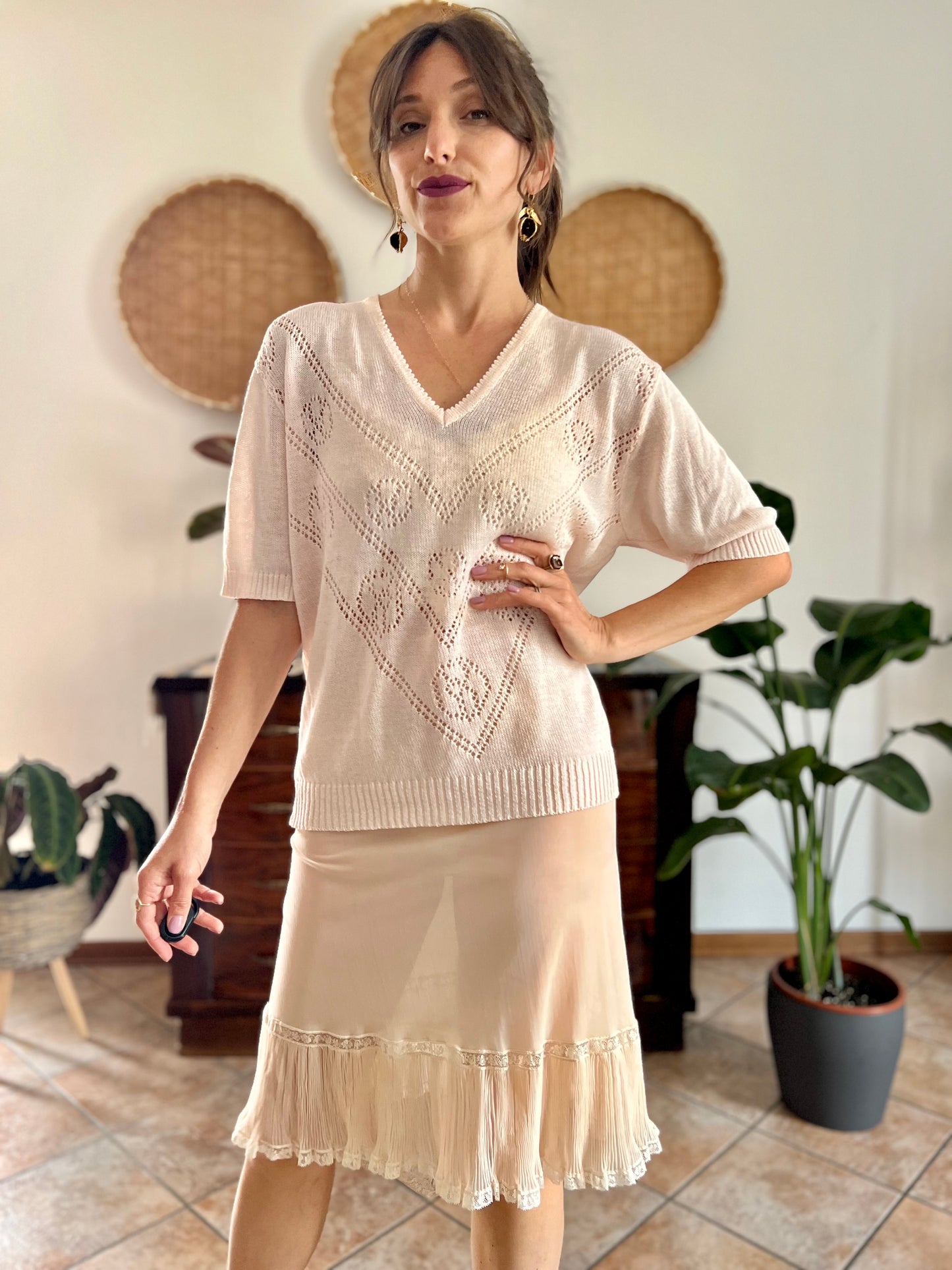 1980's vintage light peach knit top