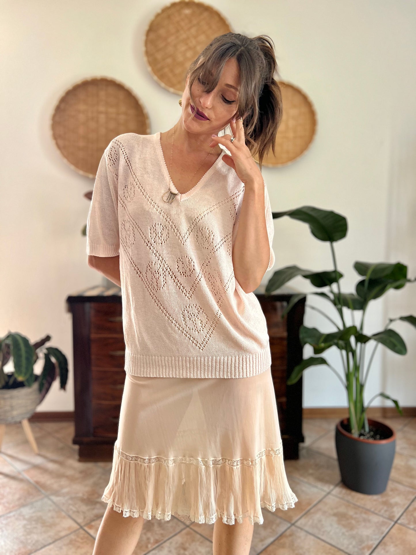 1980's vintage light peach knit top