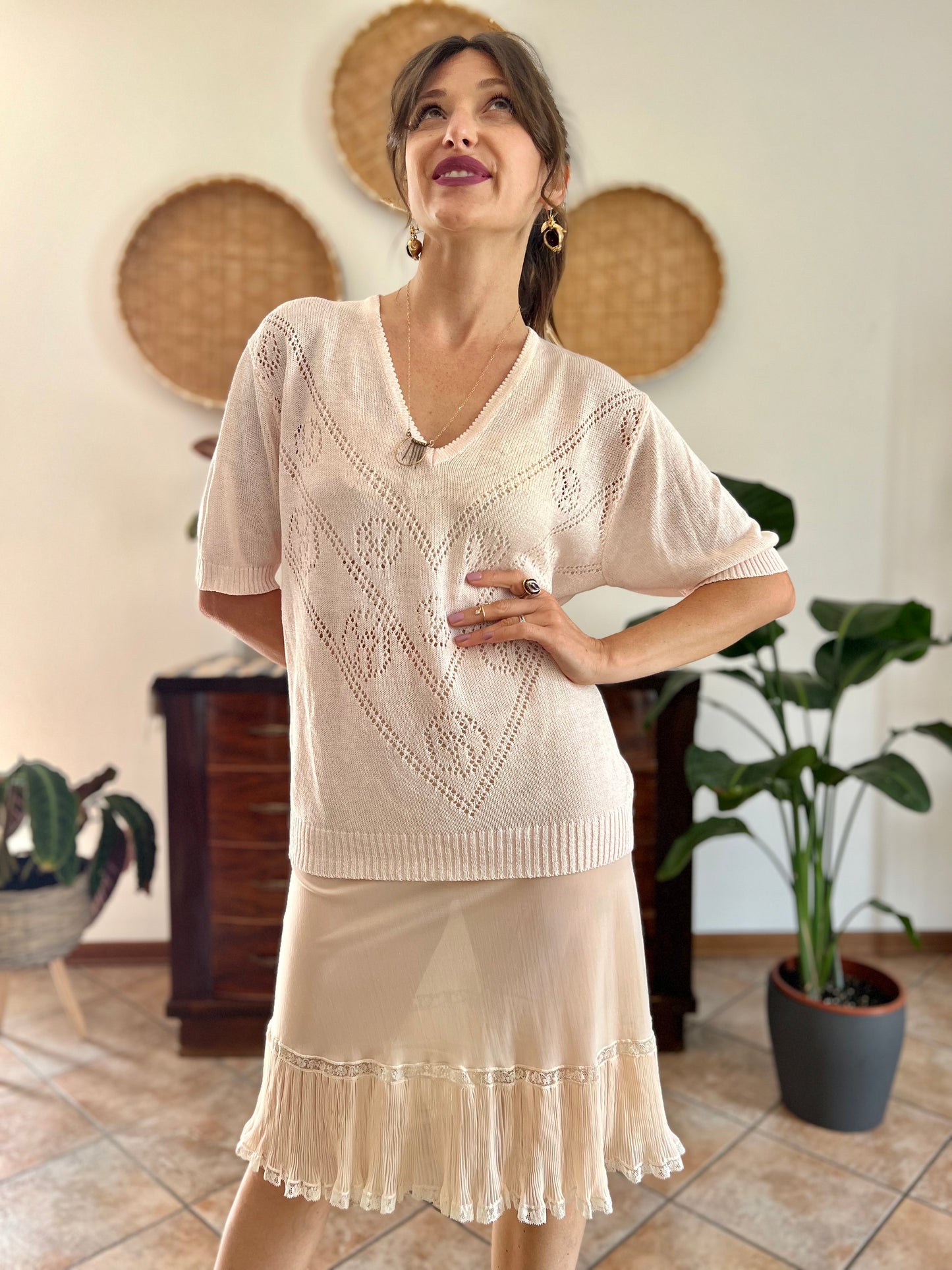 1980's vintage light peach knit top