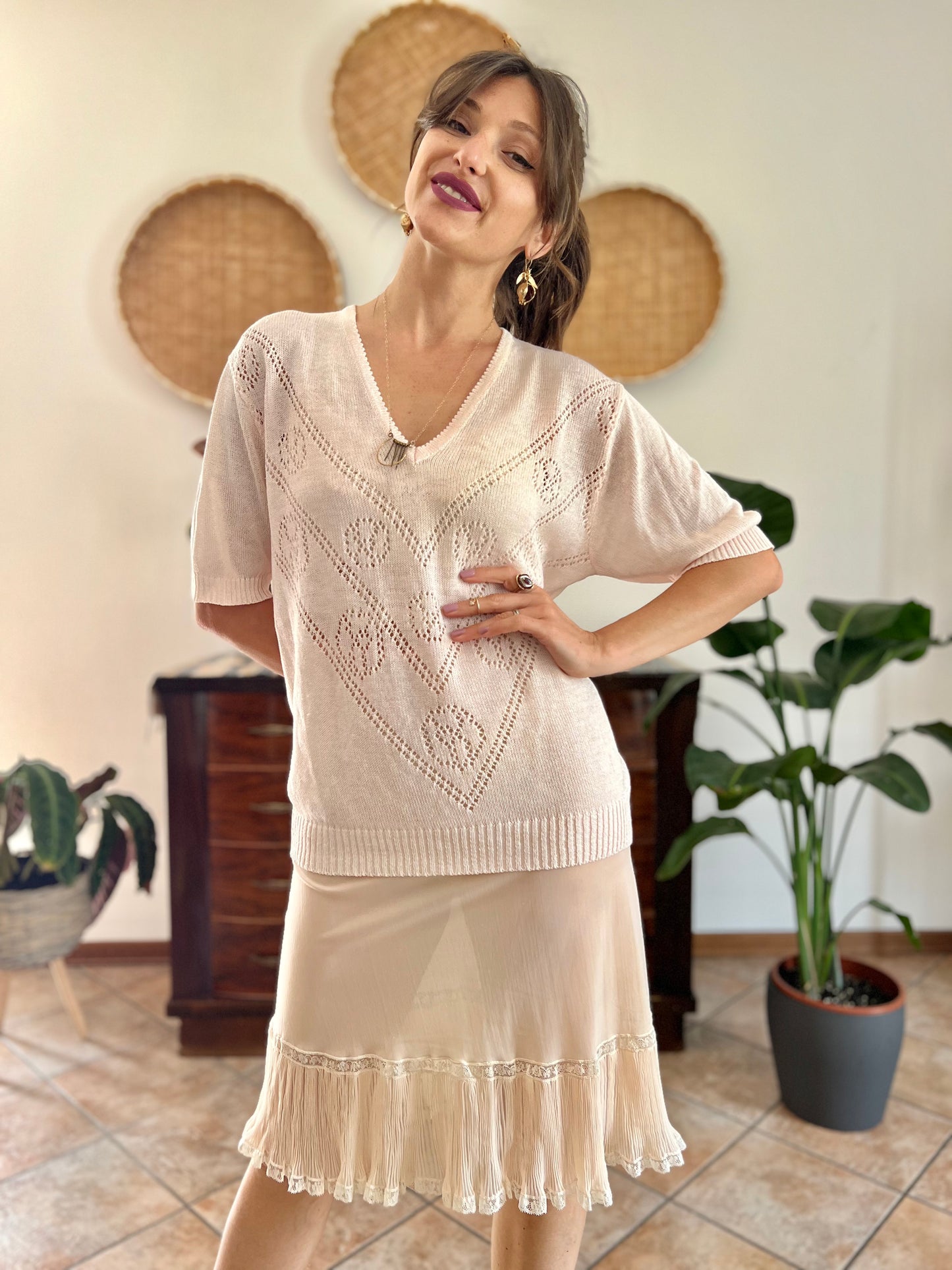 1980's vintage light peach knit top