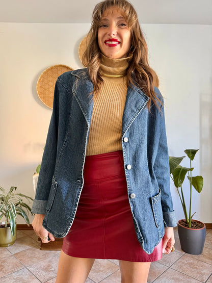 Y2k vintage dark blue western denim jacket with with floral buttons and rhinestone details