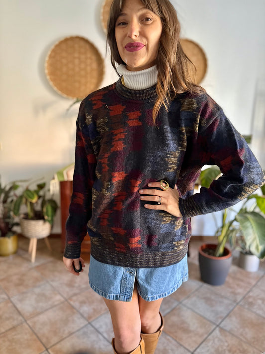 1990's vintage charcoal grey and multicolor houndstooth knit wool pullover