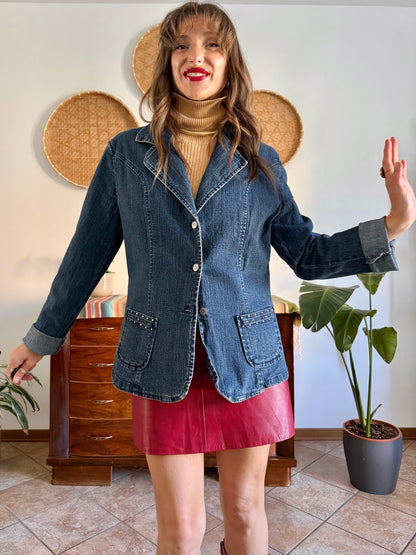 Y2k vintage dark blue western denim jacket with with floral buttons and rhinestone details