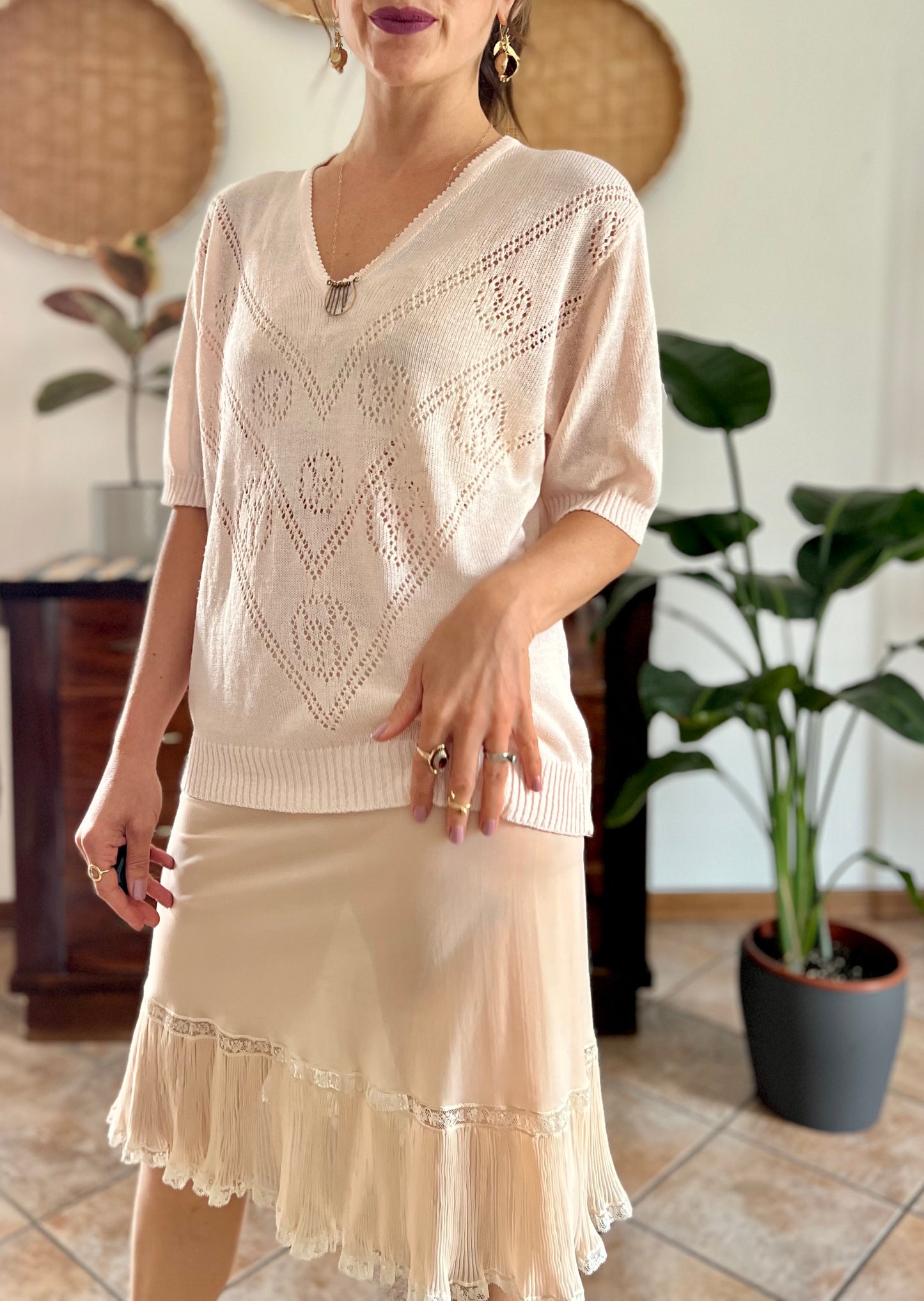 1980's vintage light peach knit top