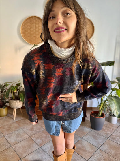 1990's vintage charcoal grey and multicolor houndstooth knit wool pullover