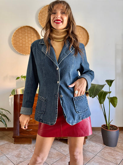 Y2k vintage dark blue western denim jacket with with floral buttons and rhinestone details