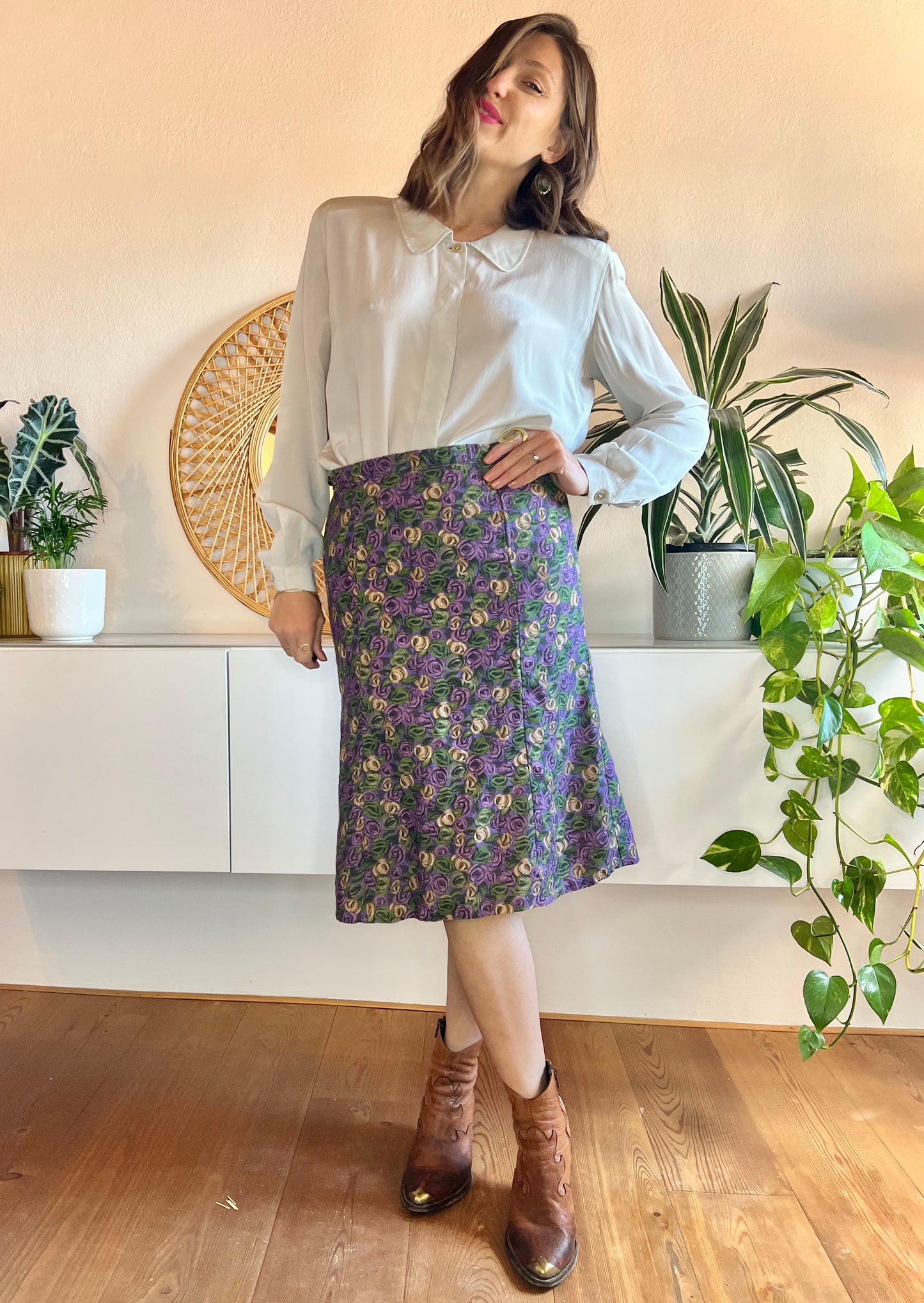 1970's vintage purple and green floral print bell midi skirt