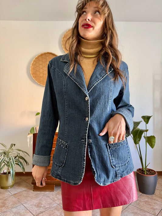 Y2k vintage dark blue western denim jacket with with floral buttons and rhinestone details