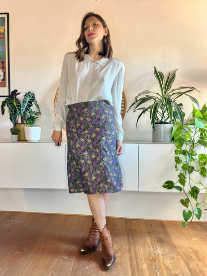 1970's vintage purple and green floral print bell midi skirt