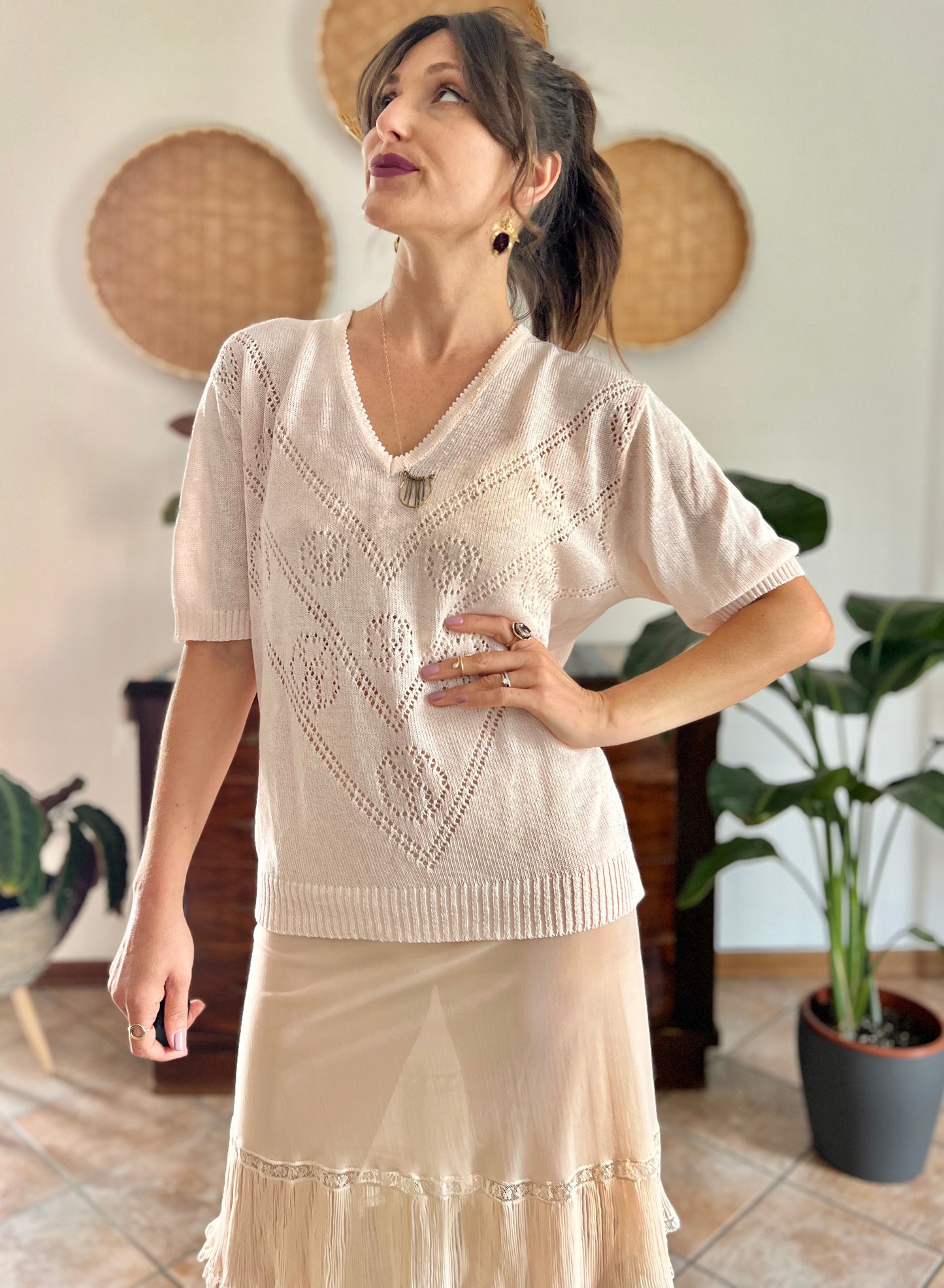 1980's vintage light peach knit top