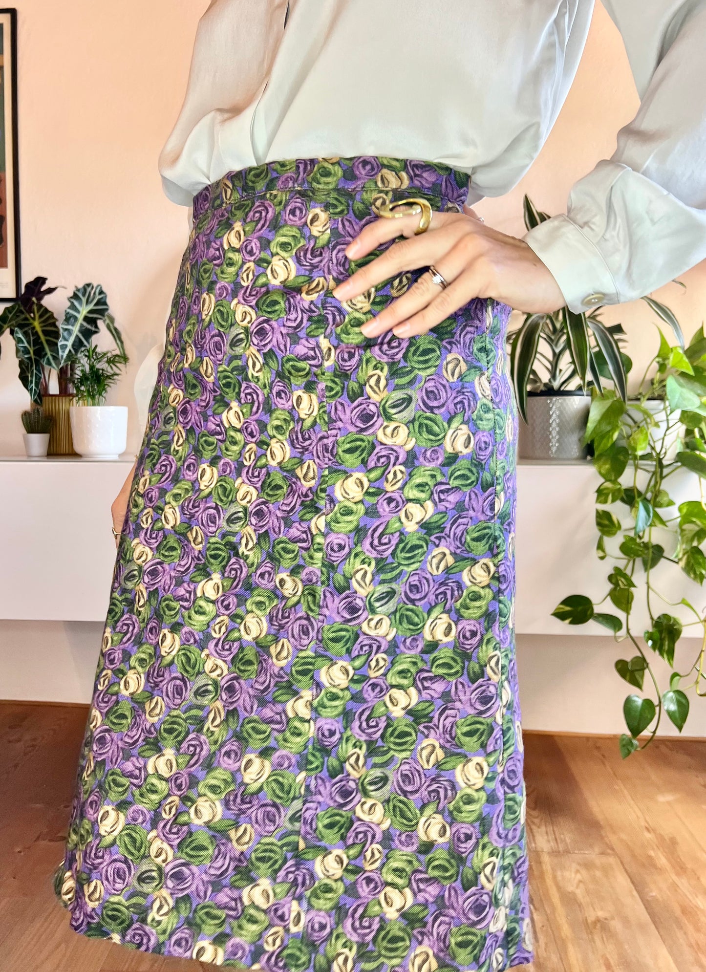 1970's vintage purple and green floral print bell midi skirt