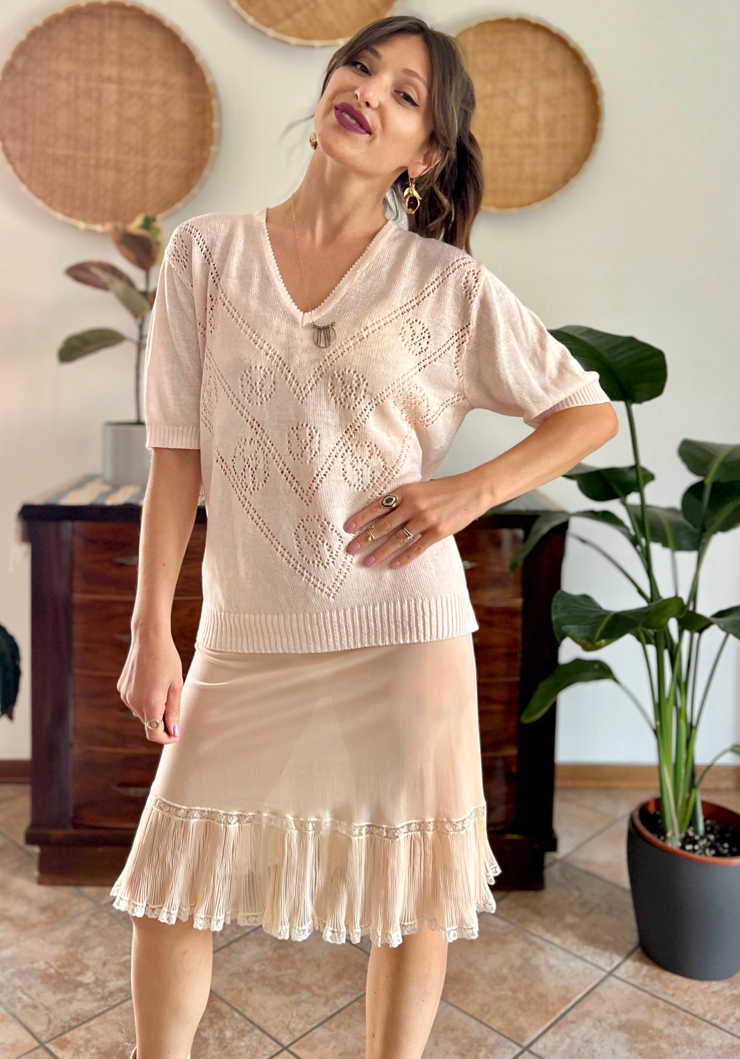 1980's vintage light peach knit top