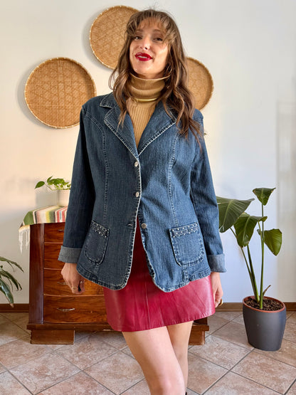 Y2k vintage dark blue western denim jacket with with floral buttons and rhinestone details
