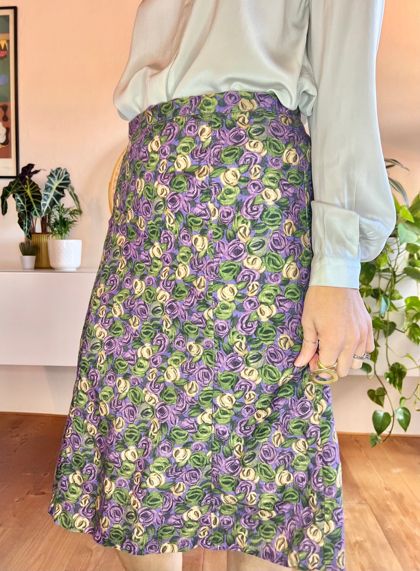 1970's vintage purple and green floral print bell midi skirt