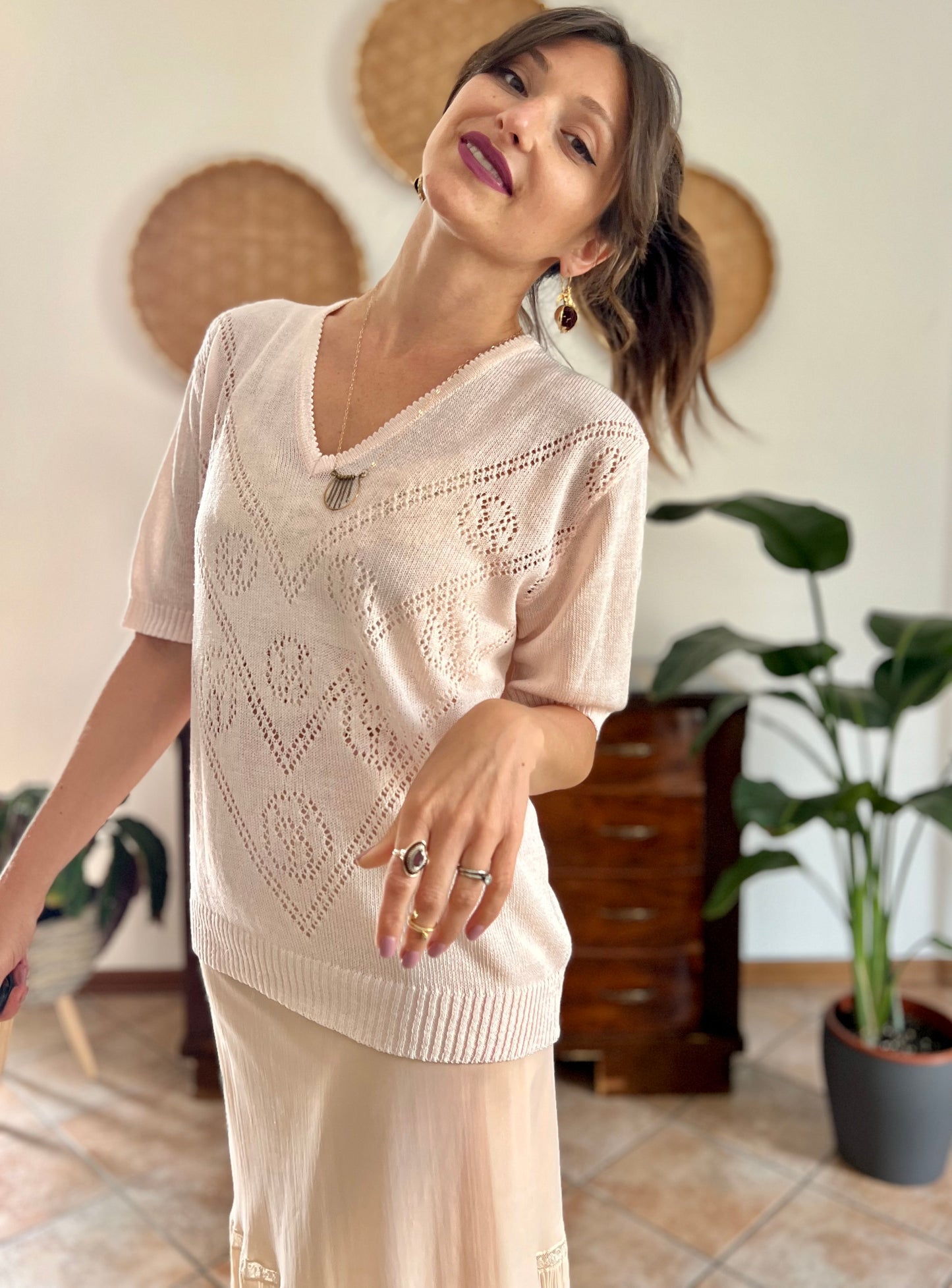 1980's vintage light peach knit top