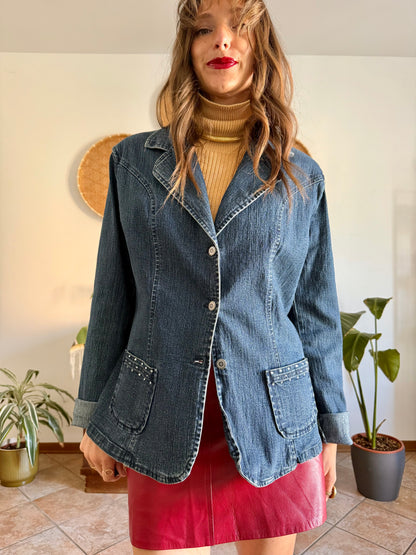 Y2k vintage dark blue western denim jacket with with floral buttons and rhinestone details