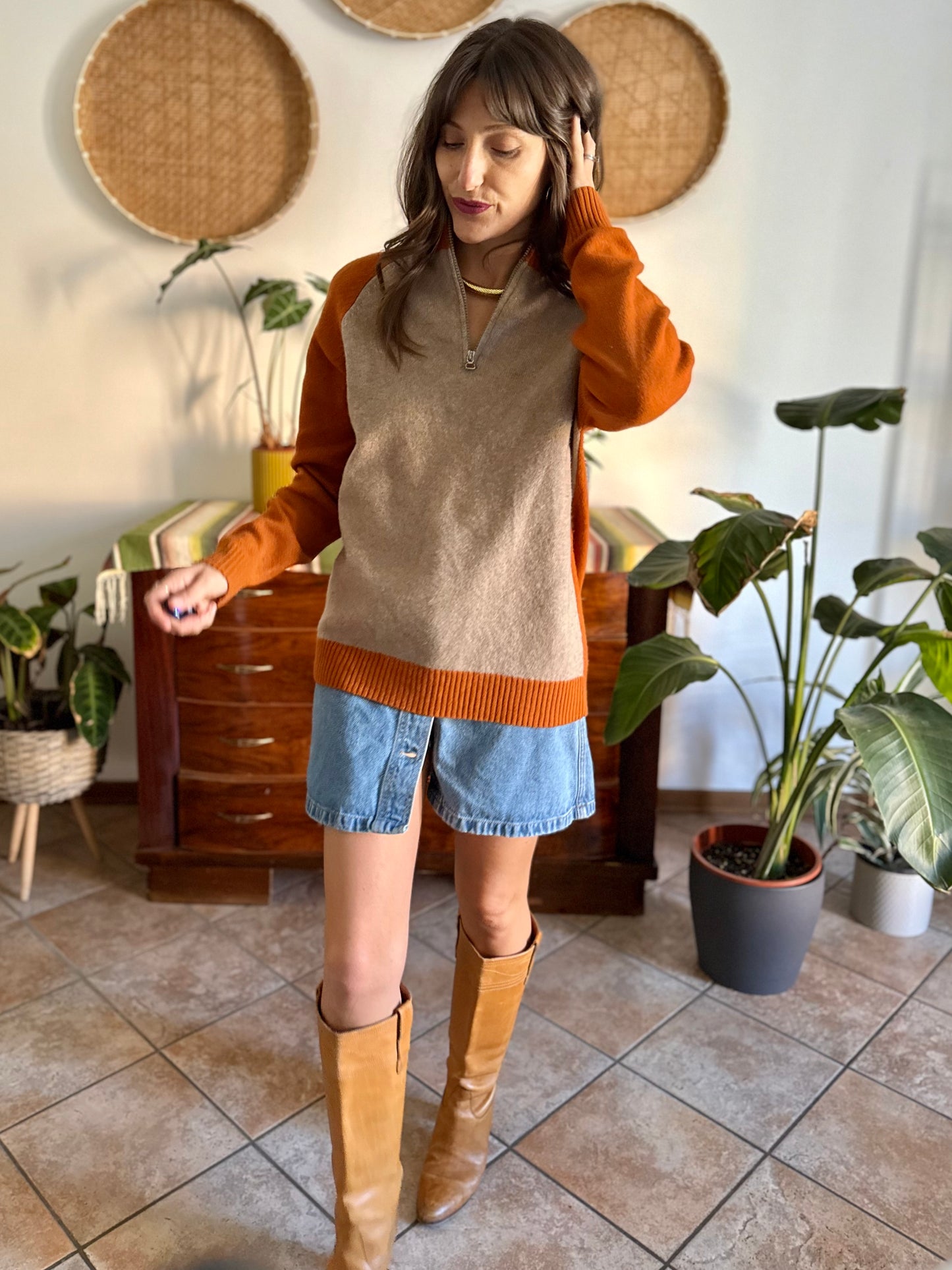 1990's vintage beige and dark orange wool half zip mock neck pullover