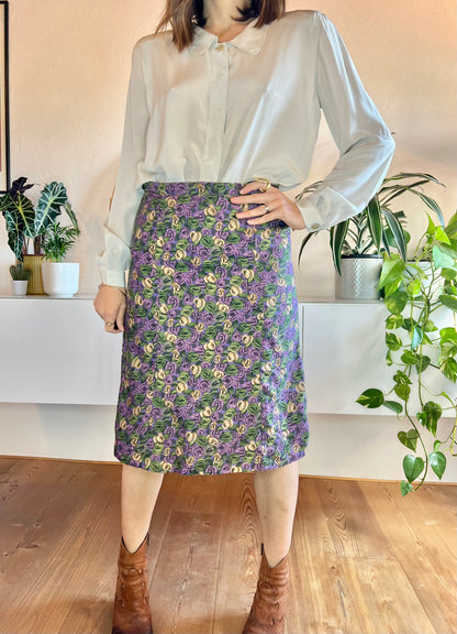 1970's vintage purple and green floral print bell midi skirt