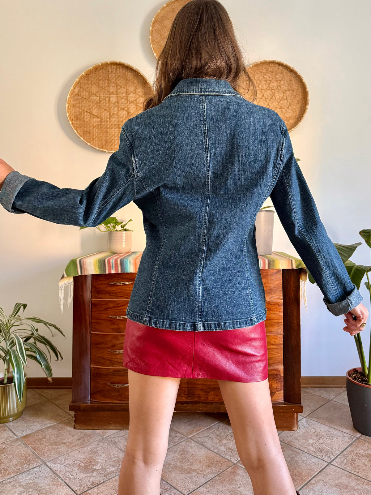 Y2k vintage dark blue western denim jacket with with floral buttons and rhinestone details