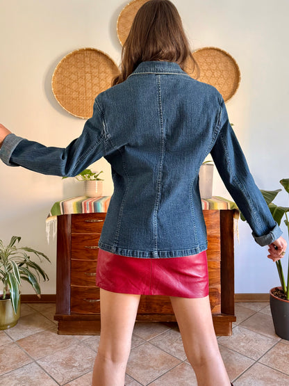 Y2k vintage dark blue western denim jacket with with floral buttons and rhinestone details